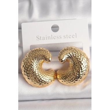 Pirinç Gold Renk Yılan Sırtı İşlemeli Yarım Halka Model Kadın Küpe