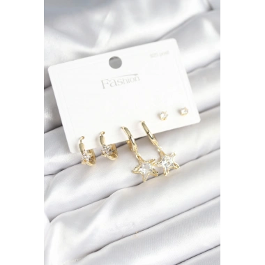 Pirinç Gold Renk Yıldız Model 925 Gümüş Çivili Kadın Küpe Seti