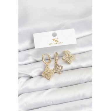 Pirinç Gold Renk Yonca Model YSX Trio Küpe Seti