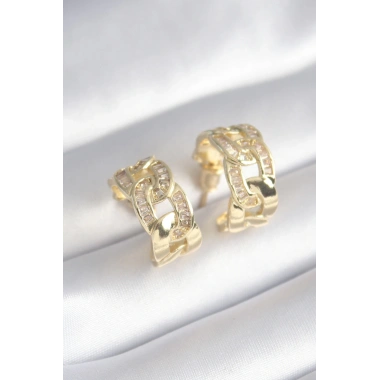 Pirinç Gold Renk Zirkon Taş Detay Zincir Model Kadın Küpe