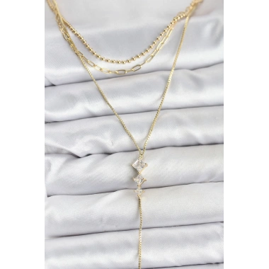 Pirinç Gold Renk Zirkon Taş Detaylı 3lü Kombin Y Kadın Kolye