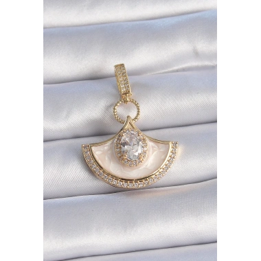 Pirinç Gold Renk Zirkon Taş Detaylı Beyaz Mineli Ajda Charm