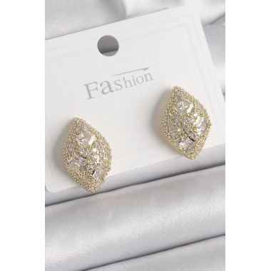 Pirinç Gold Renk Zirkon Taş İşlemeli Damla Model Kadın Küpe