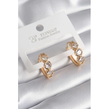 Pirinç Gold Renk Zirkon Taşı Kalp Detay Kadın Küpe