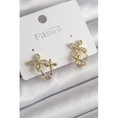 Pirinç Gold Renk Zirkon Taşlı 2Li Çiçek Model Kadın Küpe