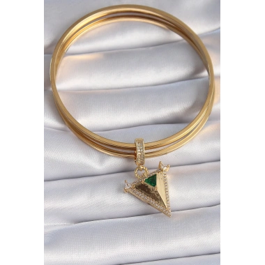 Pirinç Gold Renk Zirkon Taşlı 3D Üçgen Model Ajda Charm