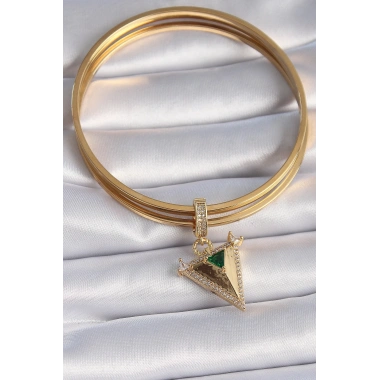Pirinç Gold Renk Zirkon Taşlı 3D Üçgen Model Ajda Charm