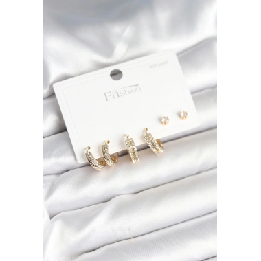 Pirinç Gold Renk Zirkon Taşlı 925 Gümüş Çivili Kadın Küpe Seti