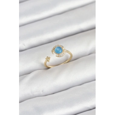 Pirinç Gold Renk Zirkon Taşlı Ay Yıldız Kadın Yüzük