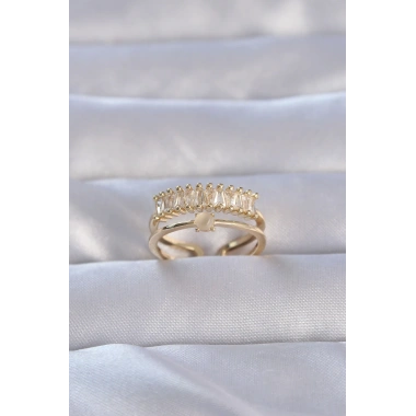 Pirinç Gold Renk Zirkon Taşlı Baget Su Yolu Model Ayarlanabilir Yüzük