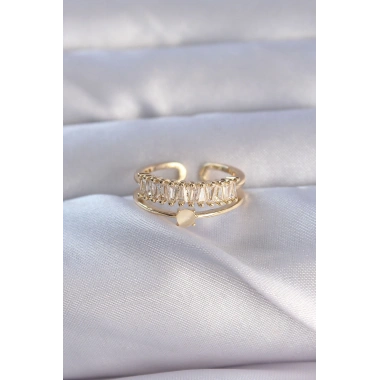 Pirinç Gold Renk Zirkon Taşlı Baget Su Yolu Model Ayarlanabilir Yüzük