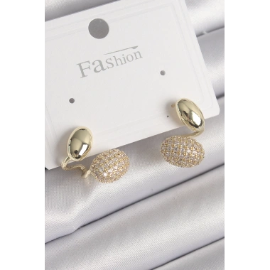 Pirinç Gold Renk Zirkon Taşlı Bombeli Model Kadın Küpe