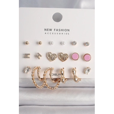 Pirinç Gold Renk Zirkon Taşlı Burug Halka Model İşlemeli Kalp Detay 9 Çift Kadın Küpe Seti