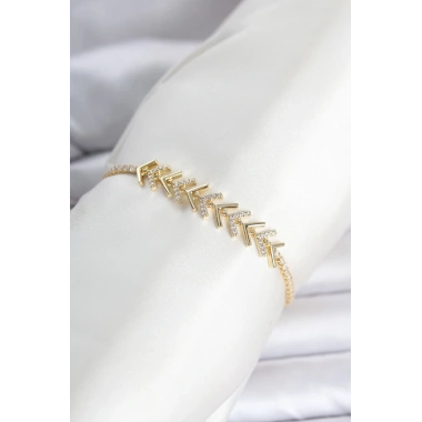 Pirinç Gold Renk Zirkon Taşlı Çavuş Model Su Yolu Kadın Bileklik