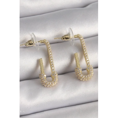 Pirinç Gold Renk Zirkon Taşlı Çengelli İğne Model Kadın Küpe