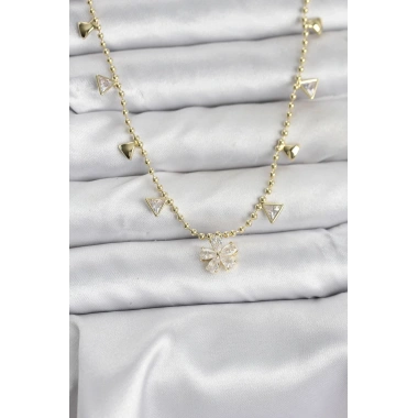 Pirinç Gold Renk Zirkon Taşlı Çiçek Model Kadın Kolye