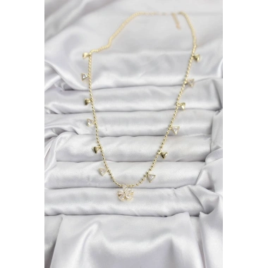 Pirinç Gold Renk Zirkon Taşlı Çiçek Model Kadın Kolye
