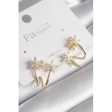 Pirinç Gold Renk Zirkon Taşlı Çiçek Model Kadın Küpe