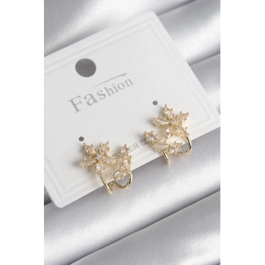 Pirinç Gold Renk Zirkon Taşlı Çiçek Model Kadın Küpe