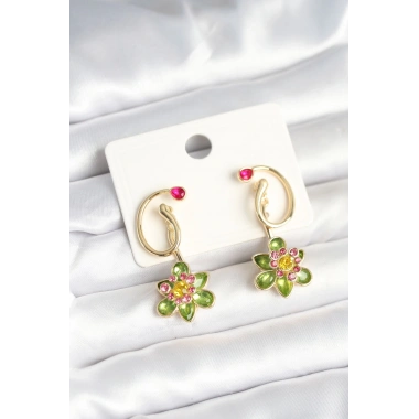Pirinç Gold Renk Zirkon Taşlı Çiçek Model Kadın Küpe