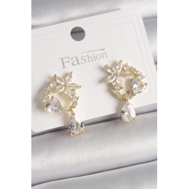 Pirinç Gold Renk Zirkon Taşlı Çiçek Model Sallantı Damla Detay Kadın Küpe