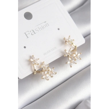 Pirinç Gold Renk Zirkon Taşlı Çiçek Tasarım Kadın Küpe