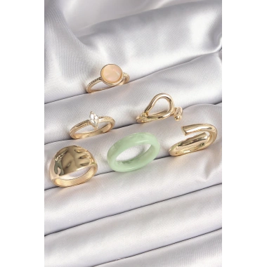 Pirinç Gold Renk Zirkon Taşlı Daire Pembe Mineli Detay 6Lı Kadın Yüzük Seti