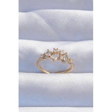 Pirinç Gold Renk Zirkon Taşlı Damla Detay Ayarlanabilir Yüzük