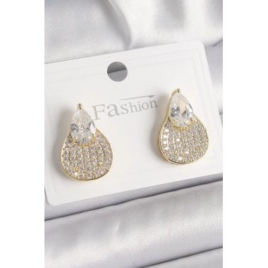 Pirinç Gold Renk Zirkon Taşlı Damla Model Kadın Küpe