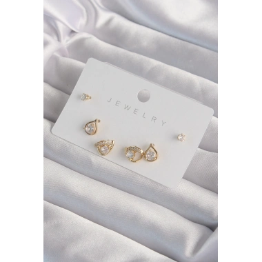 Pirinç Gold Renk Zirkon Taşlı Damla Model Küpe Seti