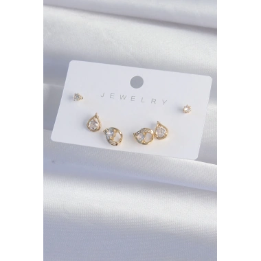 Pirinç Gold Renk Zirkon Taşlı Damla Model Küpe Seti