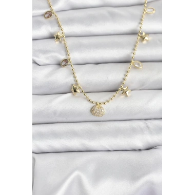 Pirinç Gold Renk Zirkon Taşlı Deniz Kabuğu Model Kadın Kolye