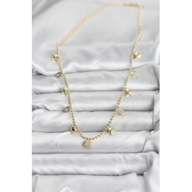 Pirinç Gold Renk Zirkon Taşlı Deniz Kabuğu Model Kadın Kolye