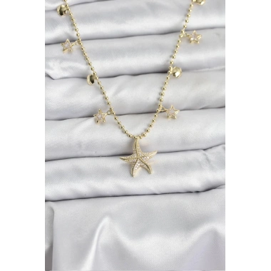 Pirinç Gold Renk Zirkon Taşlı Deniz Yıldızı Model Kadın Kolye