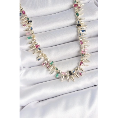 Pirinç Gold Renk Zirkon Taşlı Diken Model VIP Seri Kadın Kolye