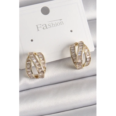 Pirinç Gold Renk Zirkon Taşlı Düğüm Halka Model Kadın Küpe