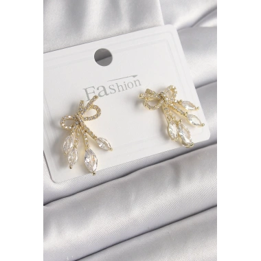 Pirinç Gold Renk Zirkon Taşlı Düğüm Model Damla Zirkon Taşlı Kadın Küpe