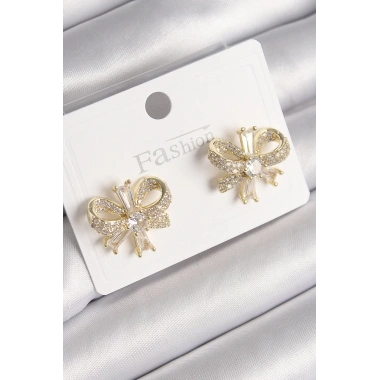 Pirinç Gold Renk Zirkon Taşlı Fiyonk Model Kadın Küpe