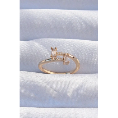 Pirinç Gold Renk Zirkon Taşlı Geometrik Ayarlanabilir Yüzük