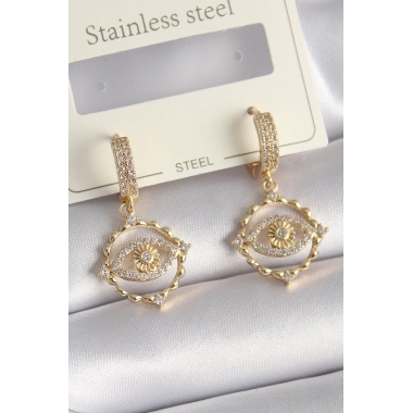 Pirinç Gold Renk Zirkon Taşlı Göz Model Kadın Küpe