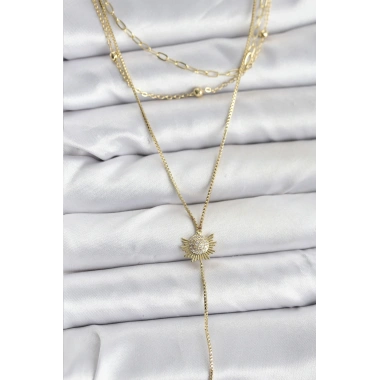 Pirinç Gold Renk Zirkon Taşlı Güneş Model Detaylı 3lü Kombin Y Kadın Kolye