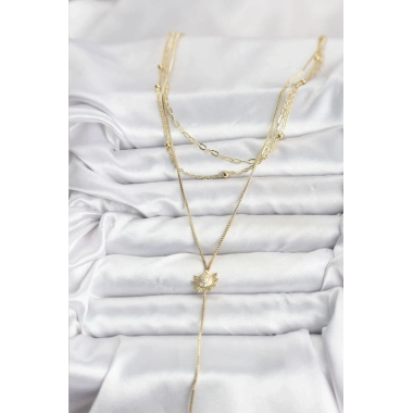 Pirinç Gold Renk Zirkon Taşlı Güneş Model Detaylı 3lü Kombin Y Kadın Kolye