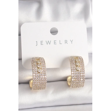 Pirinç Gold Renk Zirkon Taşlı Halka Messika Model Kadın Küpe