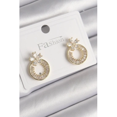 Pirinç Gold Renk Zirkon Taşlı Halka Model Çiçek Figür Kadın Küpe