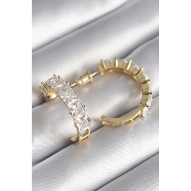 Pirinç Gold Renk Zirkon Taşlı Halka Model Kadın Küpe