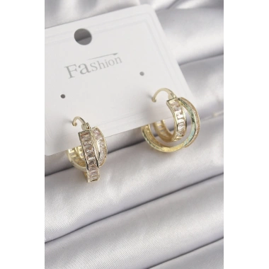 Pirinç Gold Renk Zirkon Taşlı Halka Model Kadın Küpe