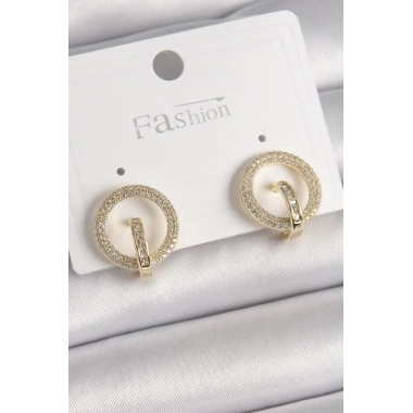 Pirinç Gold Renk Zirkon Taşlı Halka Model Kadın Küpe