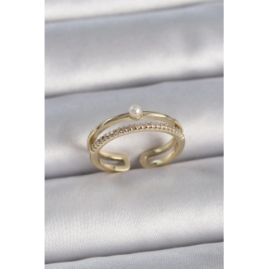 Pirinç Gold Renk Zirkon Taşlı İnci Detay Ayarlanabilir Model Kadın Yüzük