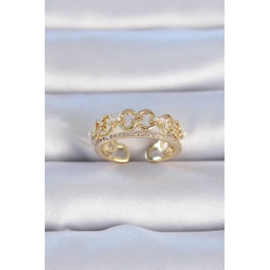 Pirinç Gold Renk Zirkon Taşlı İnci Detay Kadın Yüzük