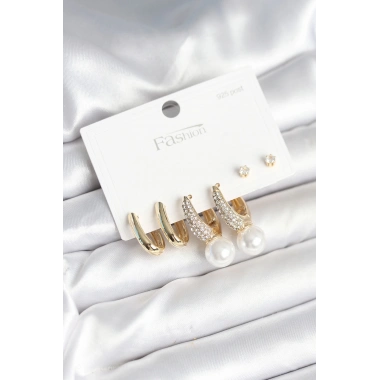 Pirinç Gold Renk Zirkon Taşlı İnci Detaylı 925 Ayar Gümüş Çivili Kadın Küpe Seti